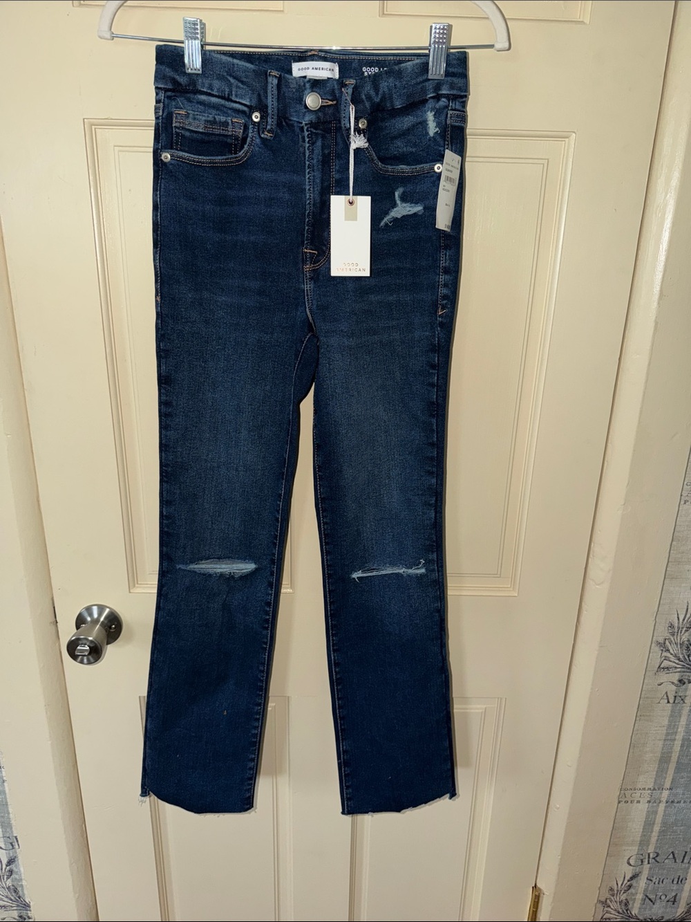 Good American Dark Blue Cropped Distressed Jeans